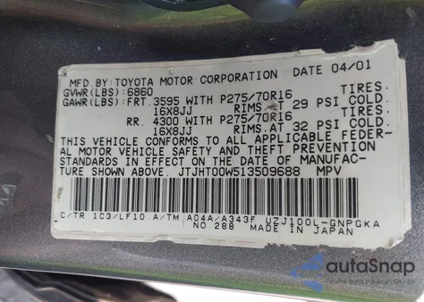 2001 Lexus Lx 470 из США, поврежденный, VIN JTJHT00W513509688